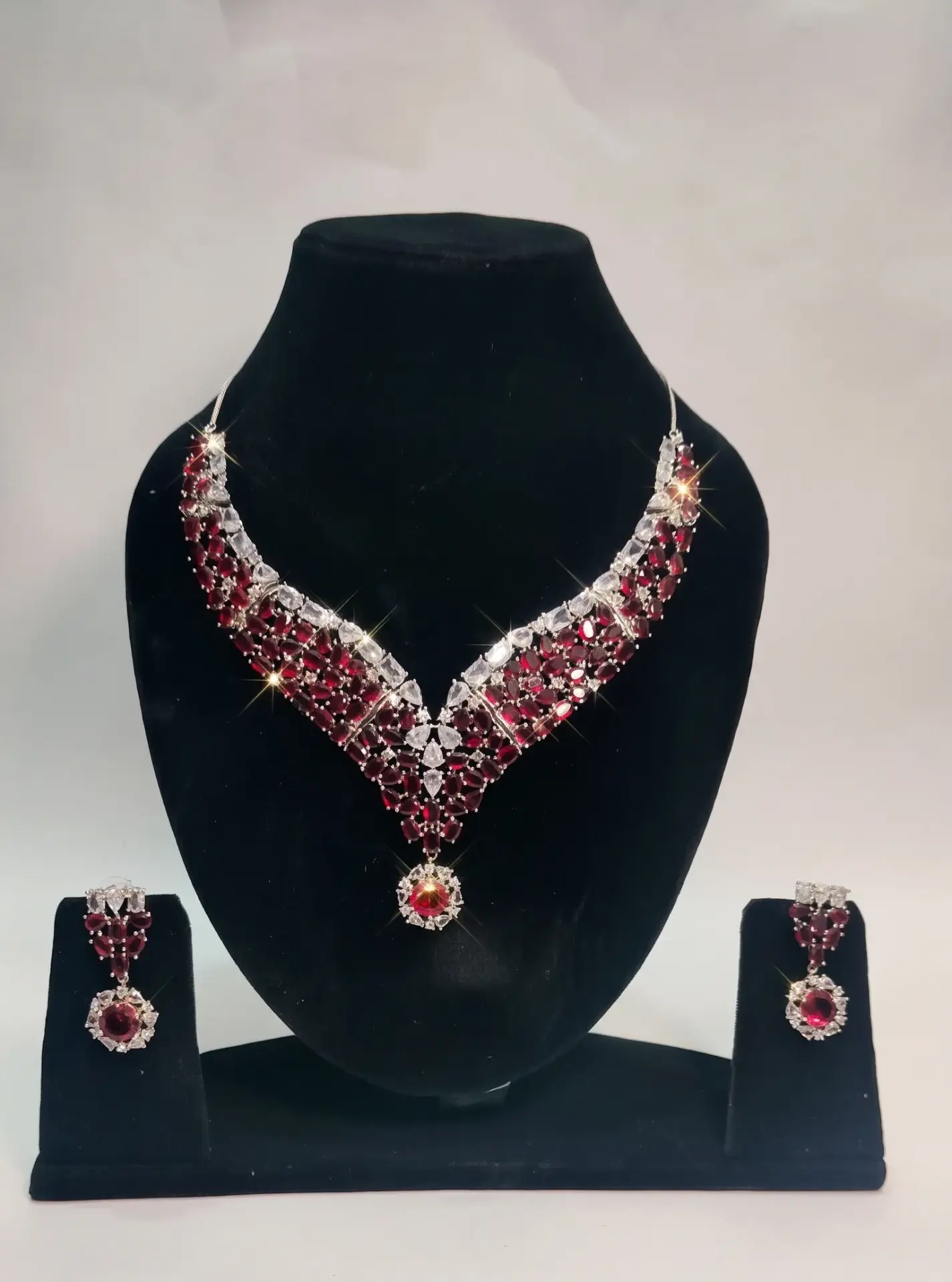 Red & Silver American Diamond Necklace Set
